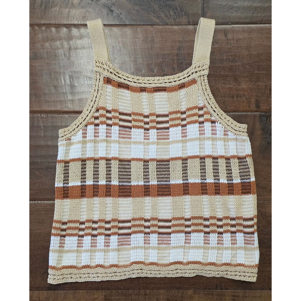 RETRO 70 Style Boho Nostalgic Plaid Knit Tank Top Brown Tan Crochet Trim Size M